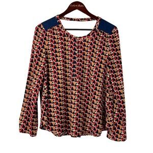 Miss Me Women Rust Navy Red Blouse Sz S Long Sleeve Geometric Boho Shirt Ladies